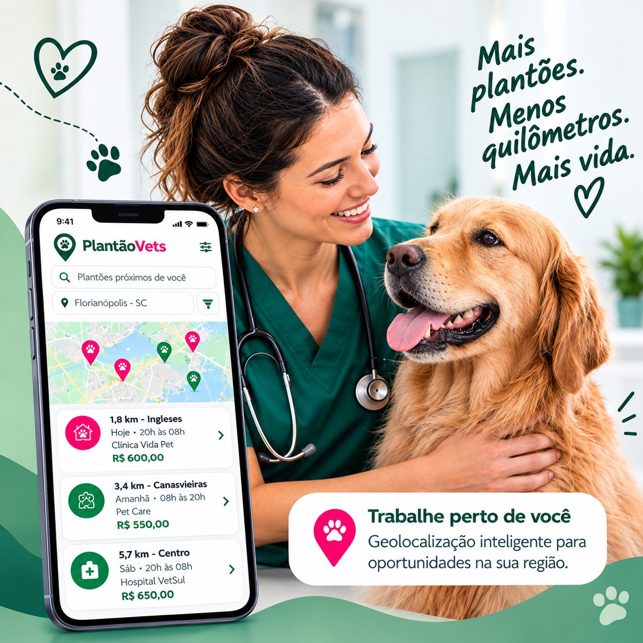 Veterinária com cão e app PlantãoVets